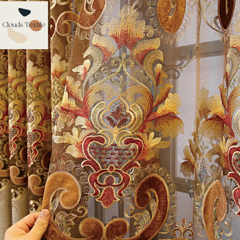 

European-style curtains new luxury atmosphere living room high-grade thickened chenille large hollow embroidery curtains