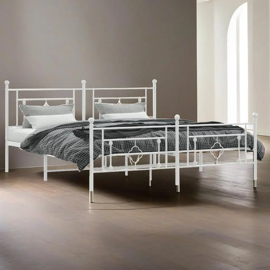 White Metal Bed Frame with Footboard - No Mattress Included, 183x213cm Size