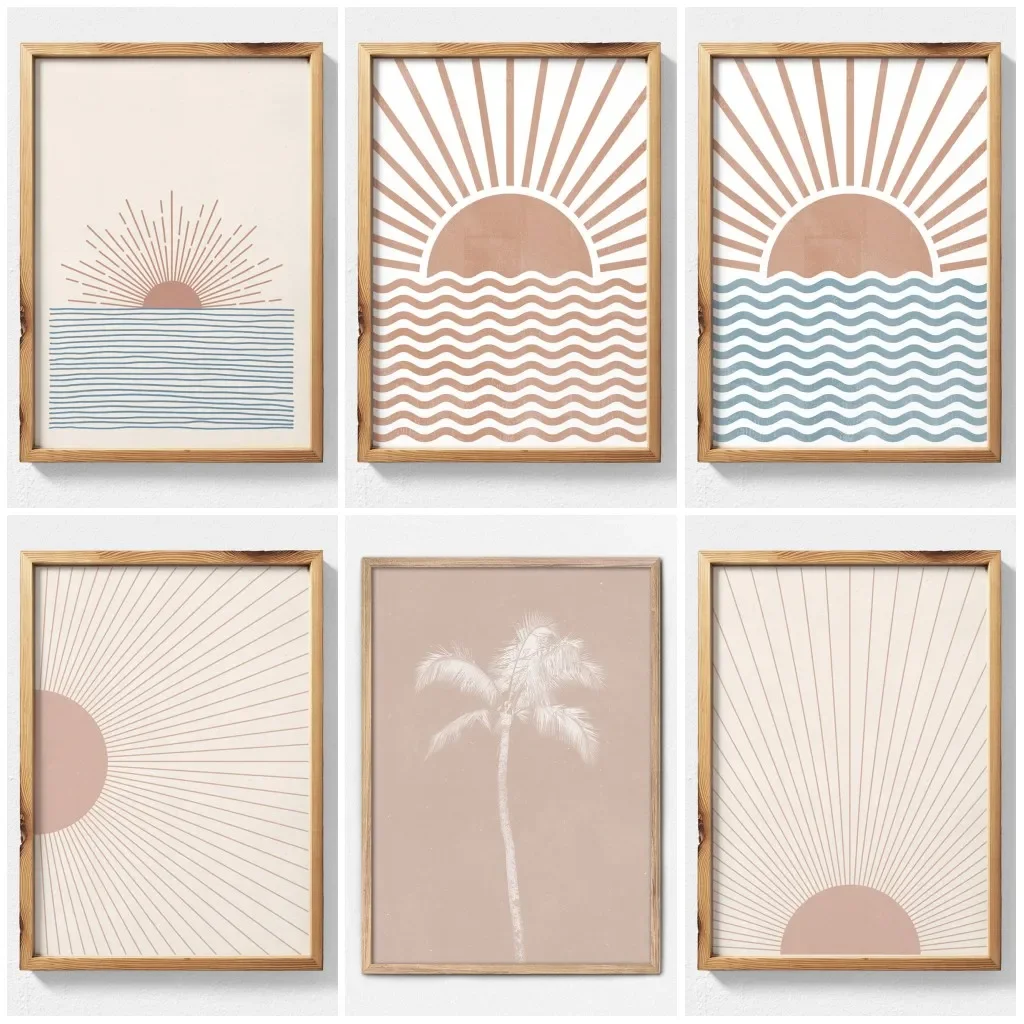 2026 Boho Decor Sunburst Printable Wall Art Abstract Sun Mid Century Palm Tree Poster Geometric Sunrise Horizon Canvas
