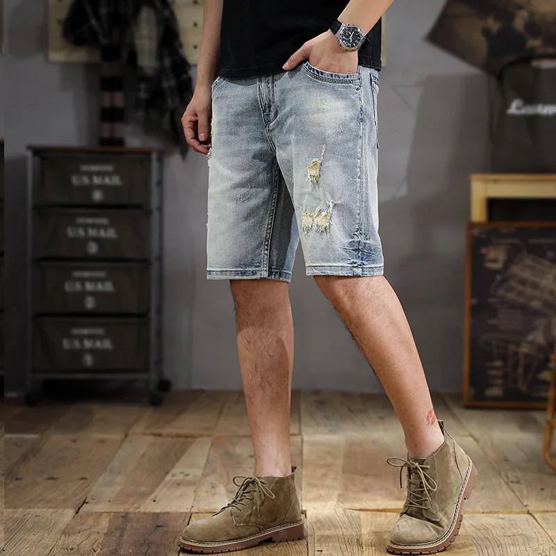 

Retro Washed Scrape Men's Jeans Shorts Summer Matte White Slim-Fit Korean Style Ins Fashionable High-End Quality Straight Pants