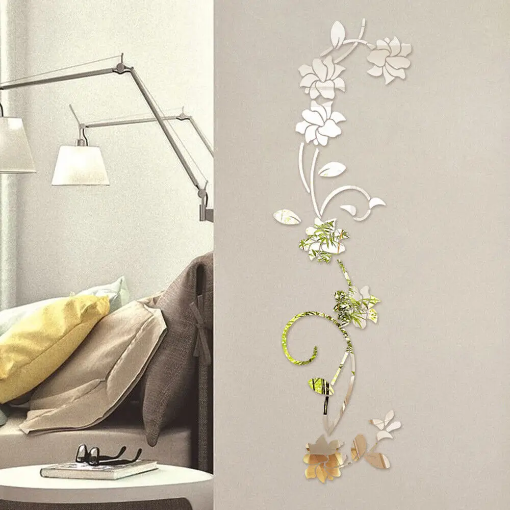 3D Flower Vine Acrylic Mirror Wall Sticker Living Room Art Decals Home Decor DIY