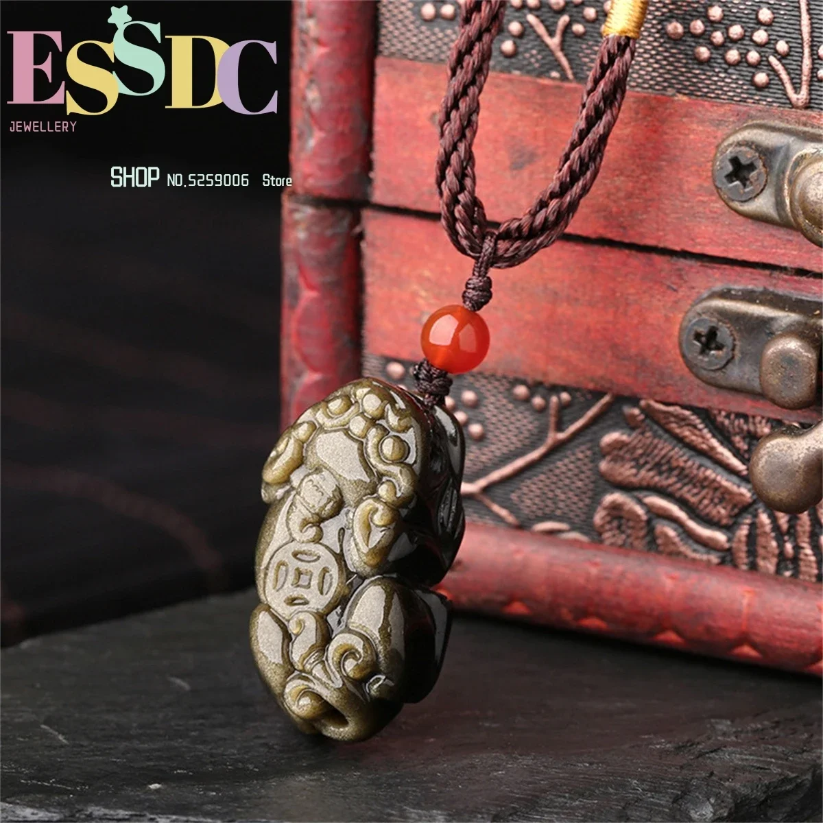 

Fashion Mexico Rare Natural Golden Stone Pendant Obsidian Pixiu Lovers Pendant Transfer Lucky &Safety Female Necklace Wholesale