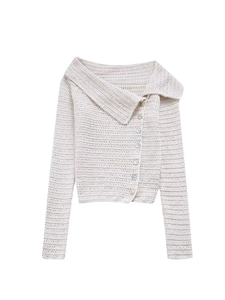 Women's Front Crossover Button Knit Sweater, Wide Lapel Collar, Long Sleeve, Female Pullover, Chic Tops, Fashion