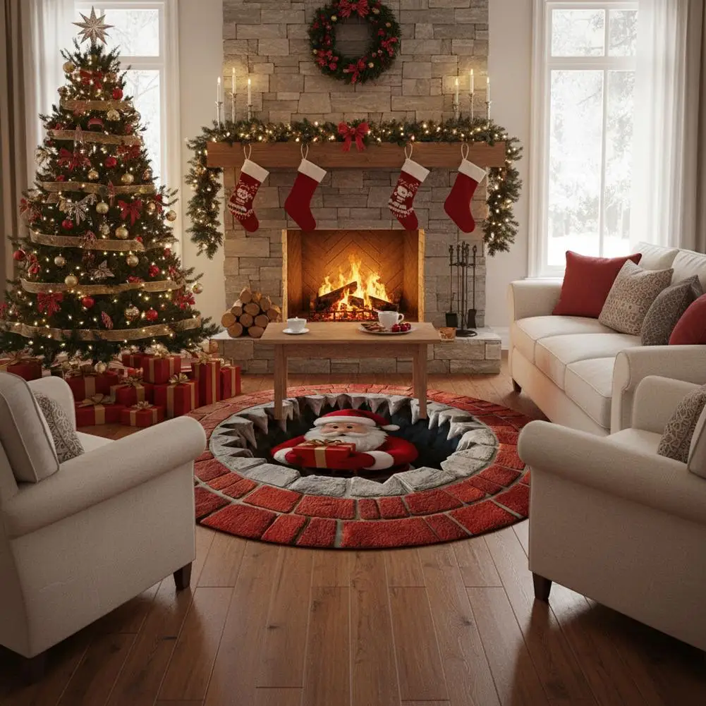 3d Christmas Round Rug Washable Non-Slip Xmas Rug Christmas 3d Rug Wear-Resistant For Bedroom Kitchen Entryway