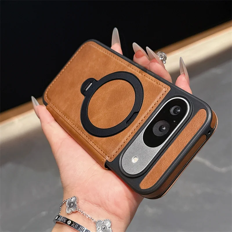 高級PUレザーカードウォレットフリップケース Google Pixel 10 9 Pro XL 8 9 10 Pro 9A用 マグネット式Magsafe 360度回転リングブラケットカバー