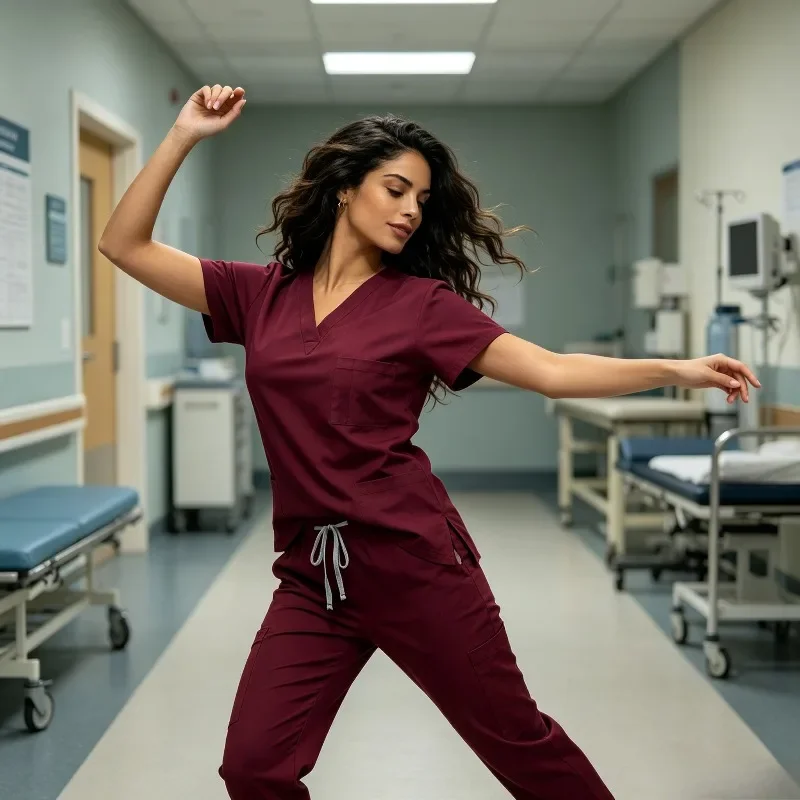 Women's Stretch Scrub Suit with Short Sleeve V-Neck Top Drawstring Wicking Fabric for All-Day Comfort in Operating Room