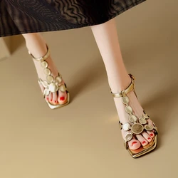 NEW Summer Women Sandals Square Toe Chunky Heel Shoes Split Leather Shoes for Women Concise Open Toe Slingback Modern Sandals