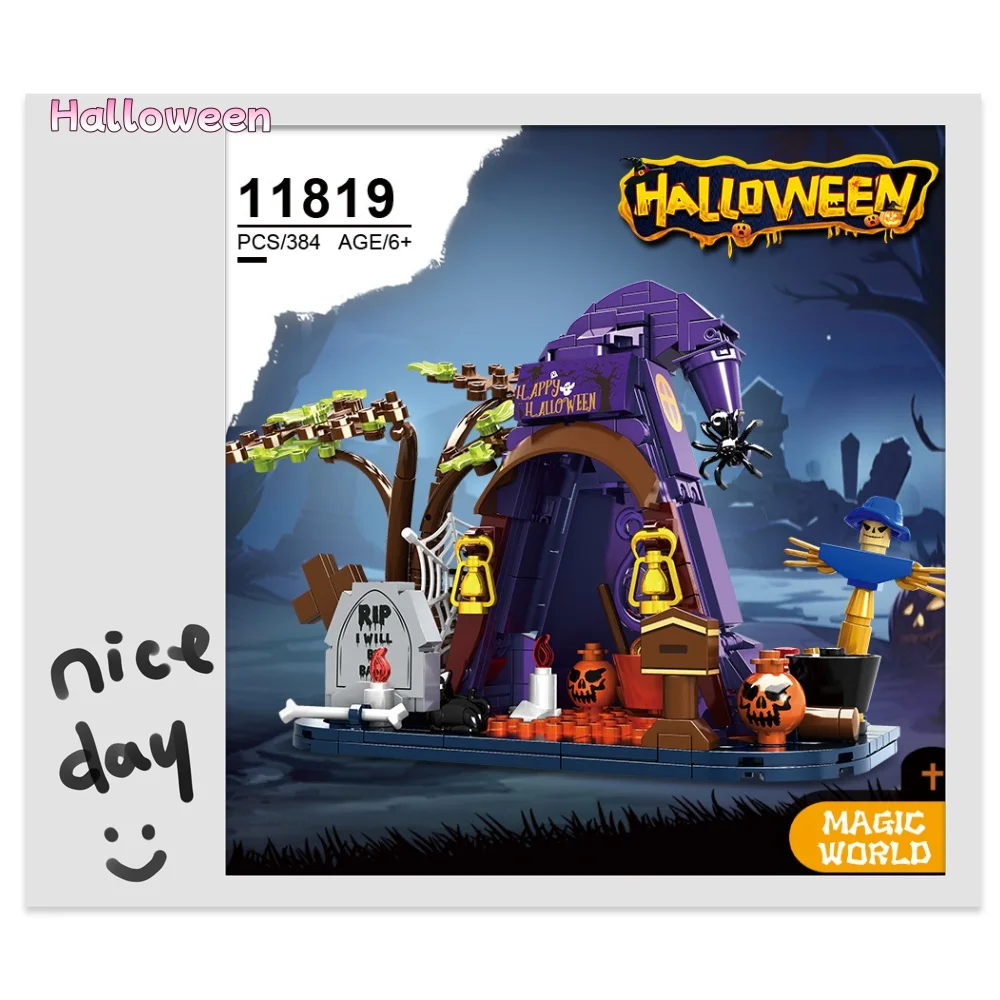 

2025 Halloween Haunted House Model Building Blocks Kit Tilt Roof Ornaments Creative Bricks Assembled Puzzle DIY Toy Children Gif