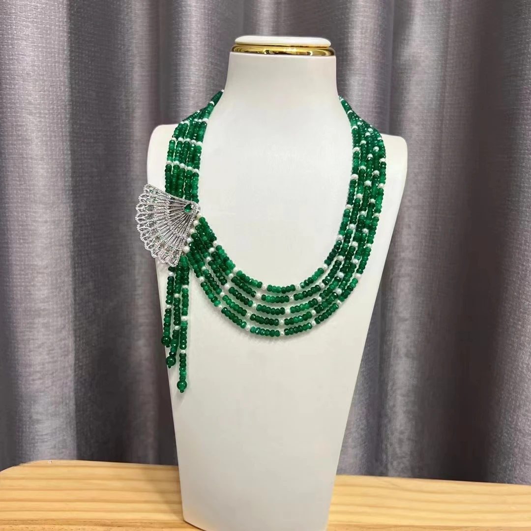 5 Rows Natural  Green Crystal and Pearl Necklace Pendant 20'' Muti Strands Necklace Handmade Women Gifts