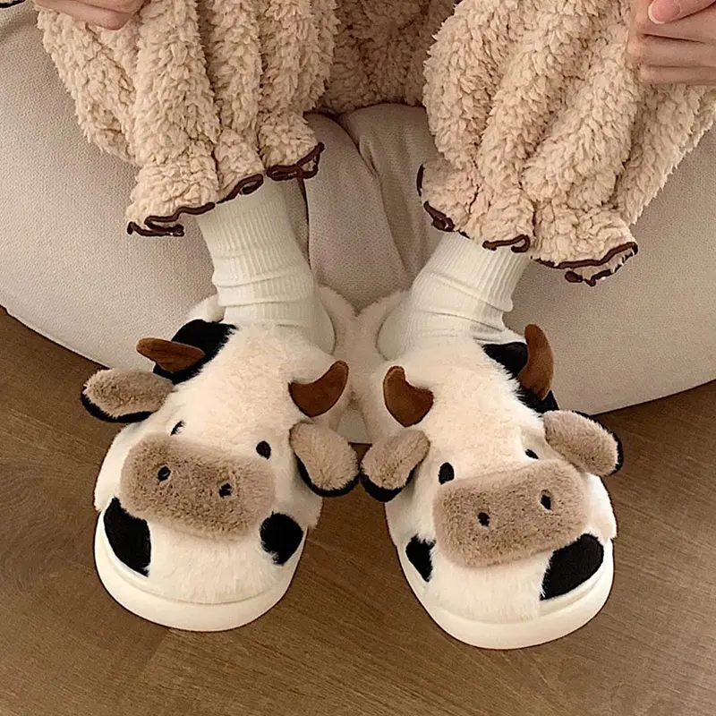 Gacimy Women New Winter Furry Slippers Fashion Cute Milk Cow Cotton Shoes Girls Casual Soft Home Slides Indoor Non-Slip Slippers