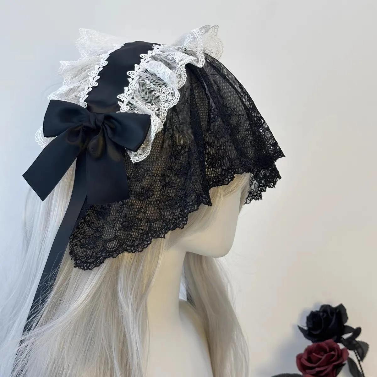 Gothic Black Lace  Veils Maid Headdress Ruffled Lace Headpiece Lolita Cosplay Headwear Costume Accessories
