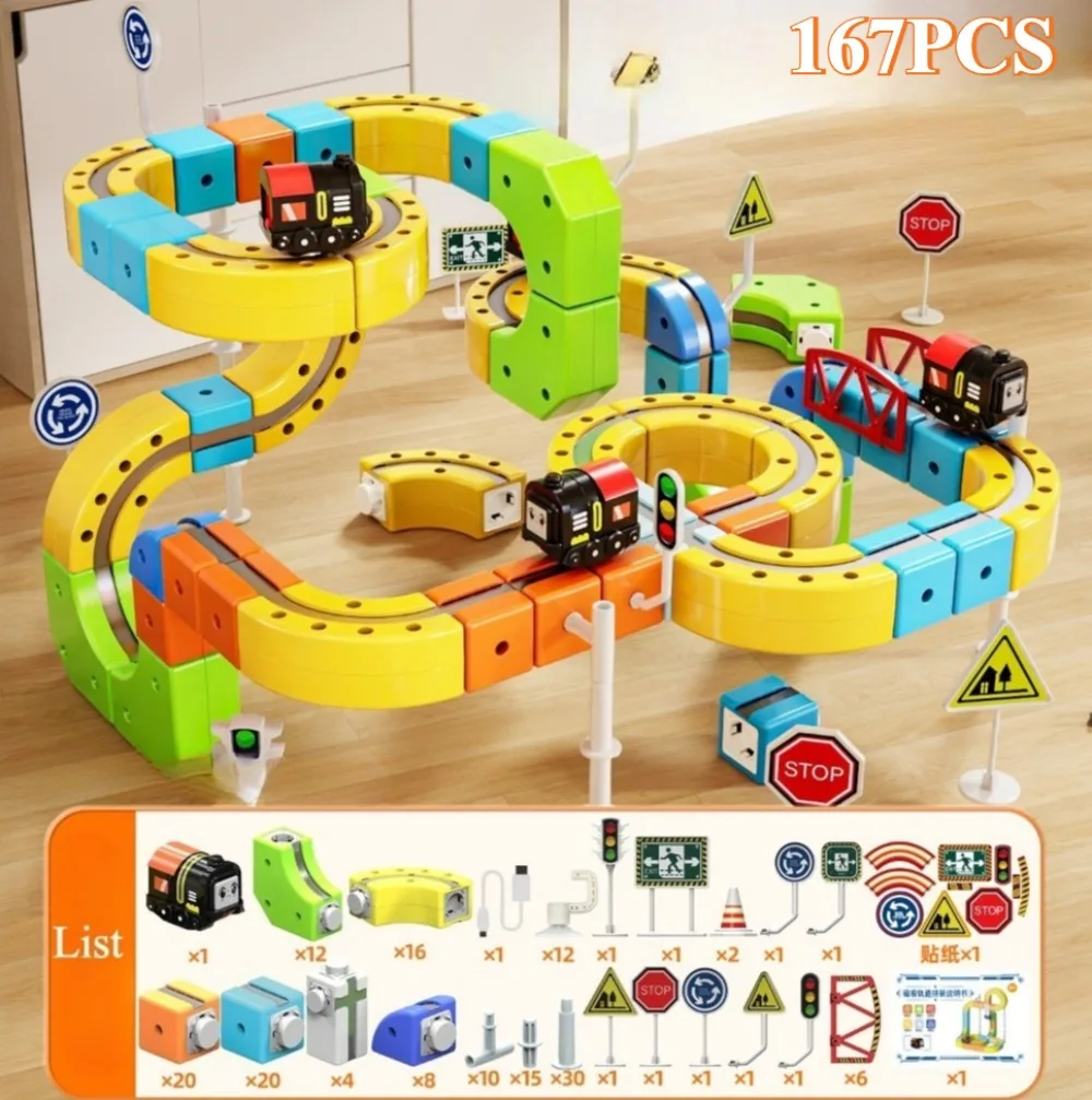 Children's Educational Electric Magnetic Rail Racing Car Cube Diy Magnetic Assembly Christmas Gift Toy for Boys and Girls