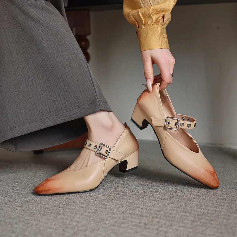 US 5-10 Size Genuine Leather  Cowhide Women Pumps,Pointy Toe Belt buckle Square Heel Fashion High Heels,Large Size Women Shoes
