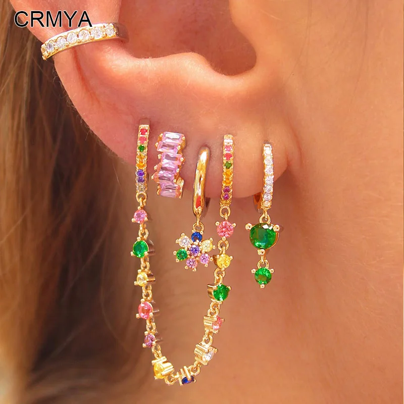 Crmya Multicolored Earring for Women Colorful Zirconia Gold-plated Ear Cuff Dangle Hoop Chain Earring Women Vacation Jewelry