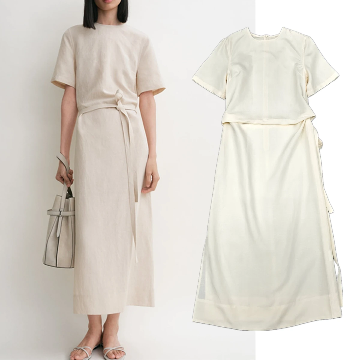 

Dave&Di Nordic Minimalist Office Ladies Commuting Lazy Draped Lace Short-sleeved Dress 75% Lyocell + 25% Linen Midi Dress Women