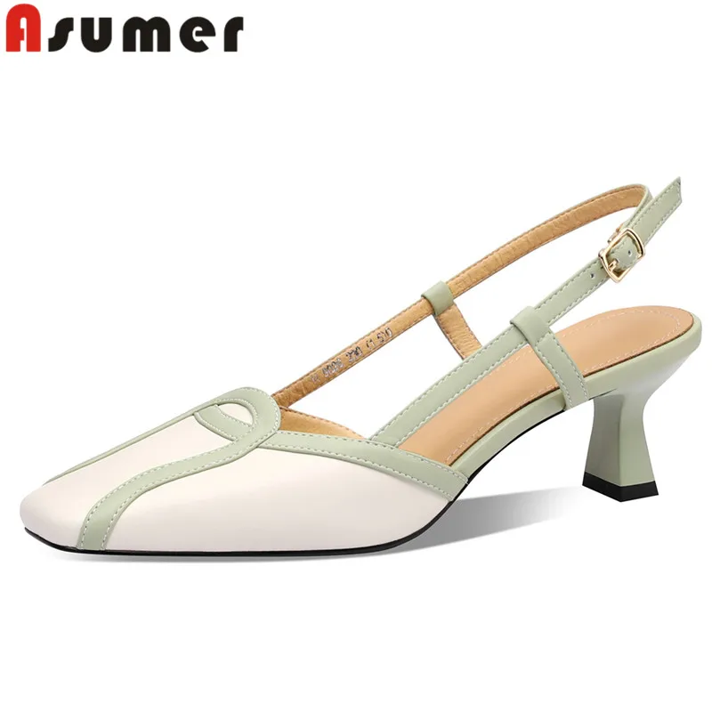 

ASUMER New Genuine Leather Dress Woman Sandals 2024 Thick High Heels Summer Sandals Buckle Ladies Mixed Colors Slingbacks Shoes