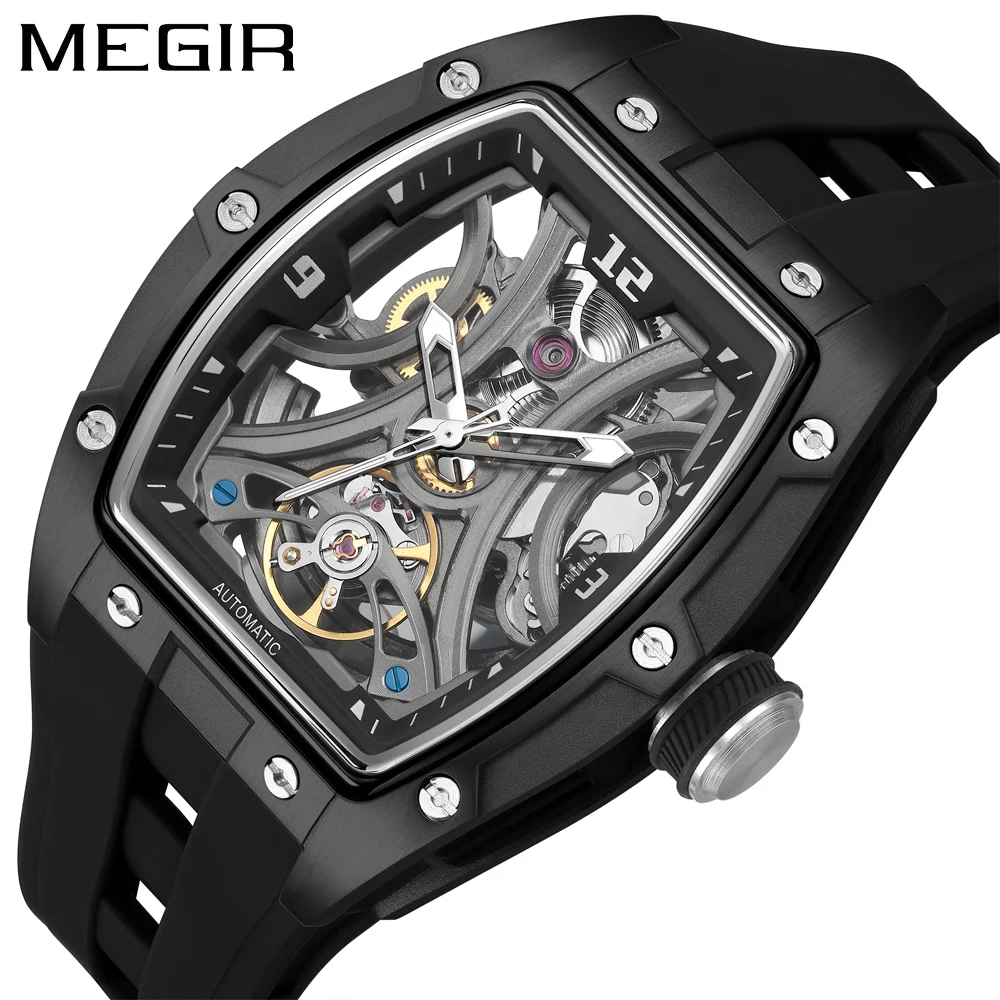 MEGIR 2245 Tonneau Skeleton Auto Watch Men Luminous Hands Steel Case Silicone Band Luxury Hollow Mechanical Male Wristwatch view 2