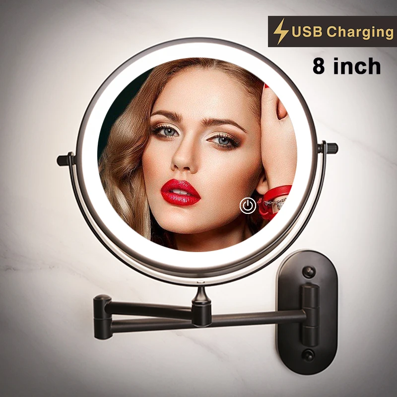 8 inch Wall Mounted Matte Black Makeup Mirror Magnifying Double Side Folding Arm USB Charging Bathroom Smart Cosmetic Mirrors