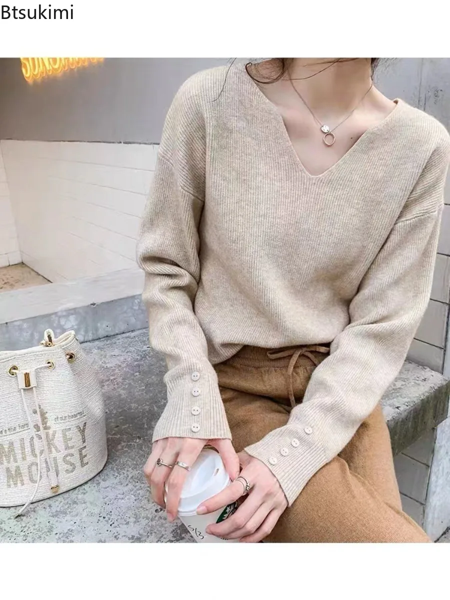 Autunno Inverno Solido Maglione con scollo a V Pullover Donna 2025 Pullover con bottoni larghi Donna Maglione morbido Maglione Moda Top versatili
