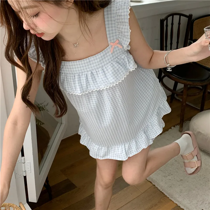 Student Cotton Home Clothes Cute Lacework Plaid Spaghetti Strap Summer Pajama Set Tops Shorts Sleepwear Ladies Out Wear D364