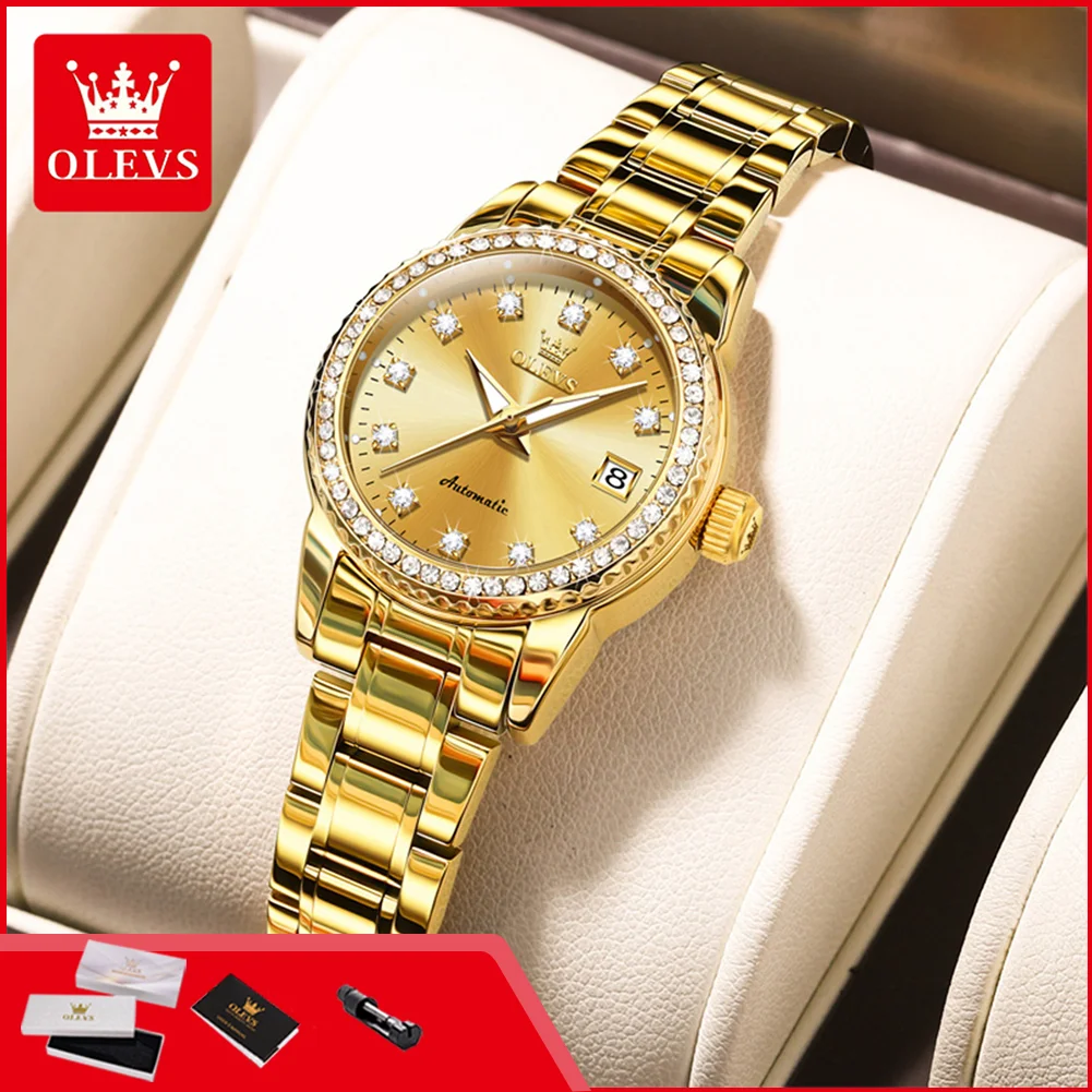 OLEVS 7003 Mechanical Women's Dress Watch Luxury Diamond Dial Calendar Waterproof Luminous Ladies Bracelet Wristwatch Elegant