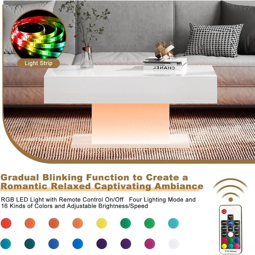 Led Coffee Table for Living Room, Living Room Table Rectangular Center Table, Modern High Glossy Wooden Coffee Tables with 16 Co