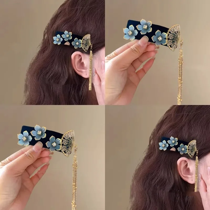 

2025 New Style Chinese-Style Tassel Flower Hairpin for Women, New Chinese-Style Ancient Style Side Clip, Double Clip Hair Accessory