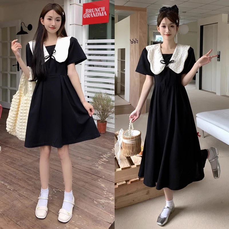 

Slimming A-Line Skirt Dress with Short Sleeve And Doll Collar for plus Size Women in Black Color Commute Style High Waist Design