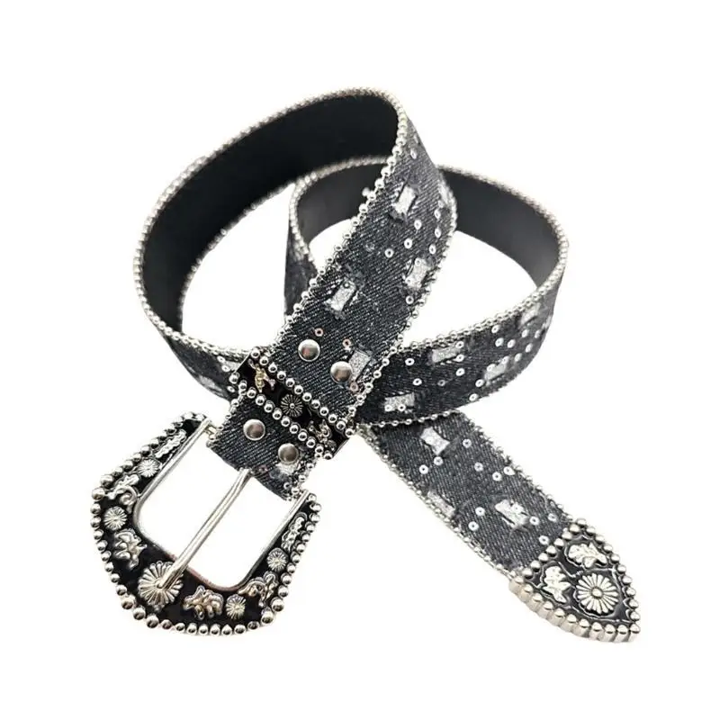 

652F Punk PU Waist Belt for Jean Stylish Hip Hop Belt Waistband Glinting Buckle with Encrusted Sequins