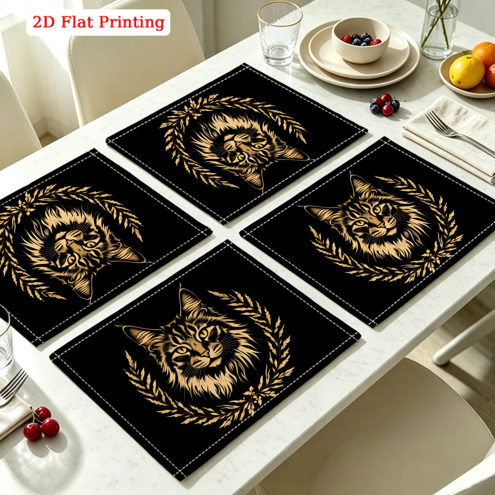 2Pcs Vintage Cat Placemat Black Golden Laurel Wreath Table Mat Kitchen Dining Decor Non Slip Heat Resistant 30X40Cm