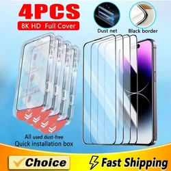 4Pcs HD Dust Free Installation Screen Protector For iPhone 17 16 16e 15 13 11 12 14 Pro Max X XS XR 6 6S 7 8 Plus Tempered Glass