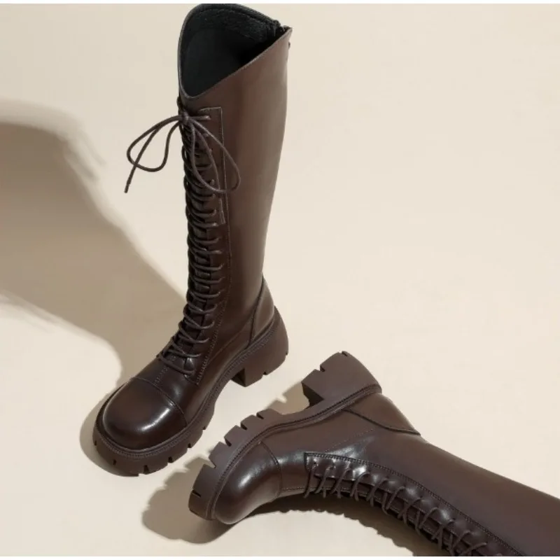 الشتاء منصة الصليب الدانتيل يصل امرأة فارس الأحذية موضة أحذية كعب سميك الشارع نمط الإناث قصيرة أفخم الجوارب الطويلة #1