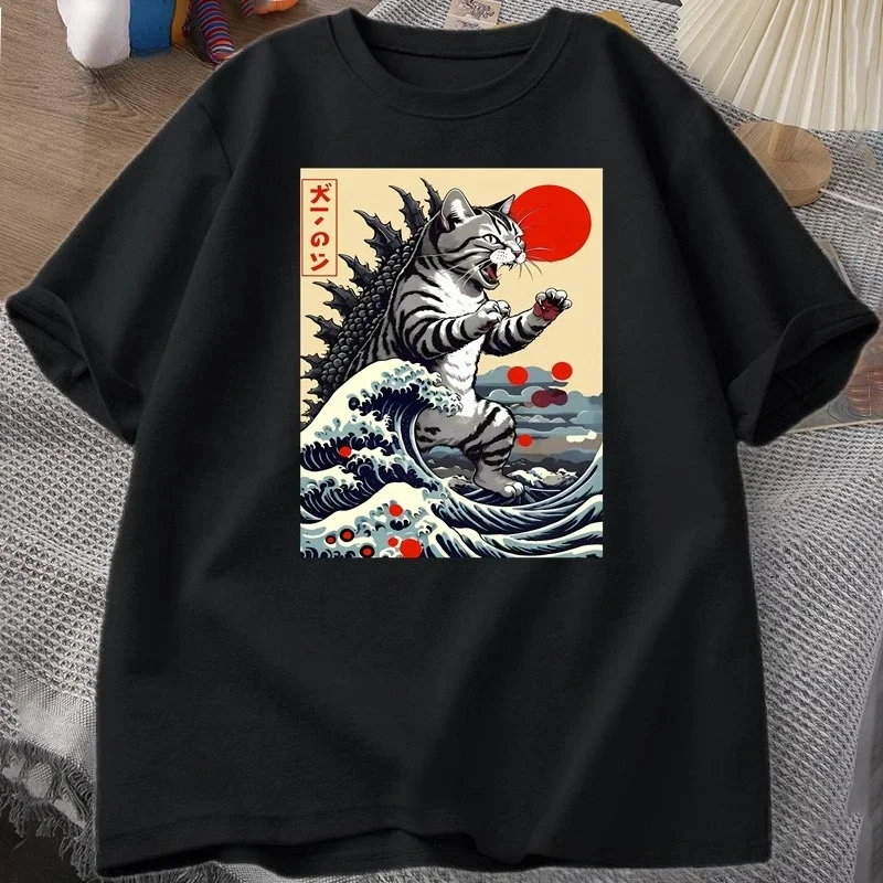 Catzilla Cat Japanese Funny T-shirt for Men Kids Vintage Cartoon Print Casual Comfortable Round Neck Short Sleeved T-shirt Top