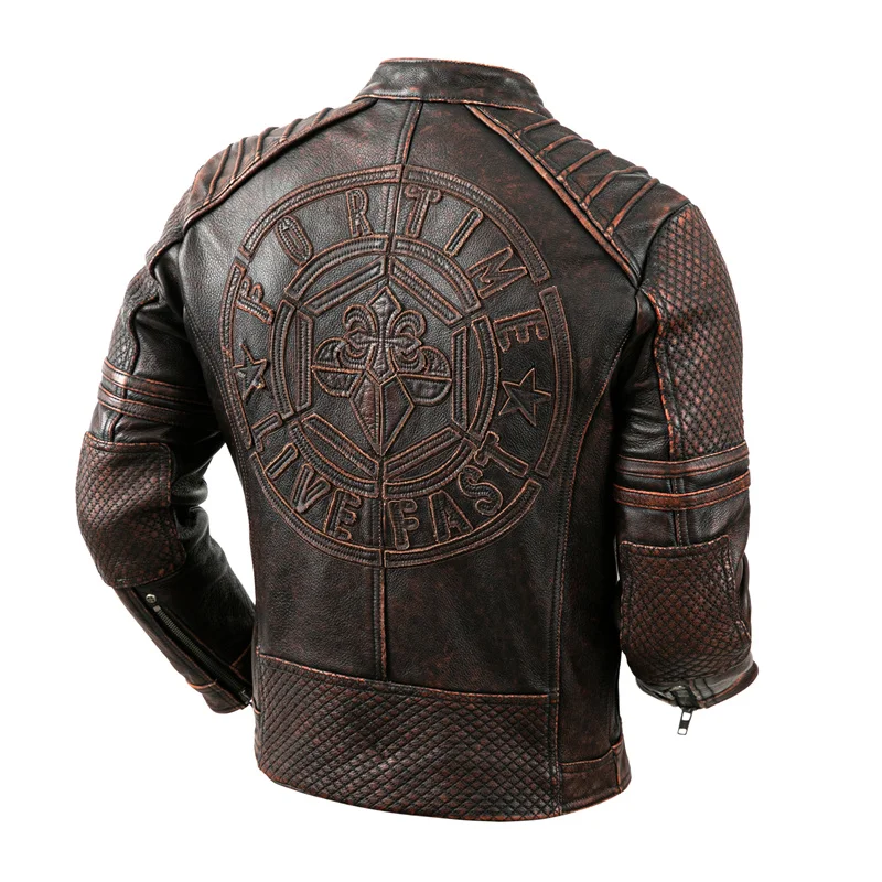 Men\'s Vintage Biker Jacket Top Layer Standing Collar Cowhide Motorcycle Jacket Classic Stone Milled Calfskin Moto Riding Suit