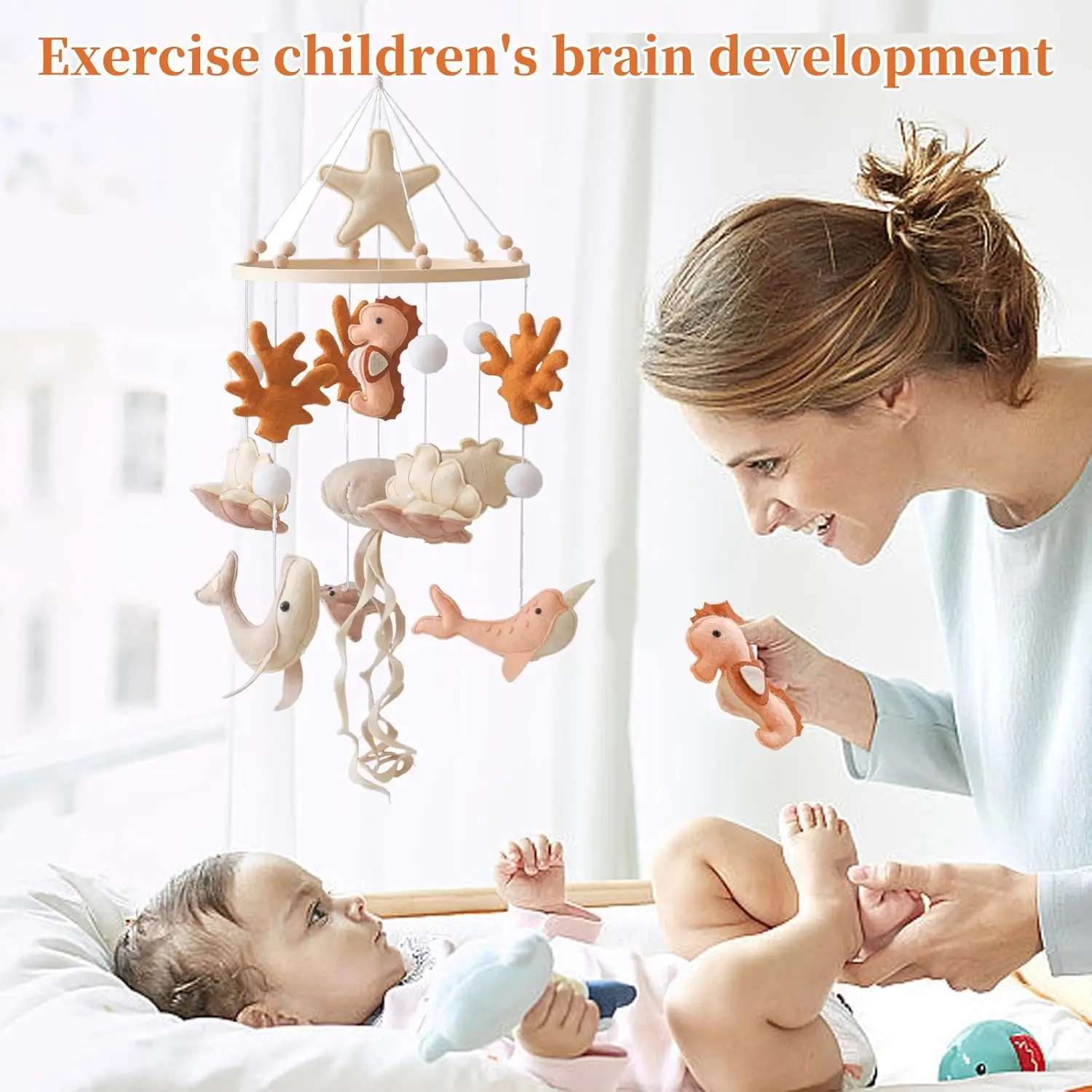 Mobile de berceau en bois, jouet de berceau pour bébé, hochet, jouet en feutre doux, mobile sur le thème de l'océan, support de mobile, boîte à musique pour nouveau-né, hochet de lit, support suspendu pour jouet