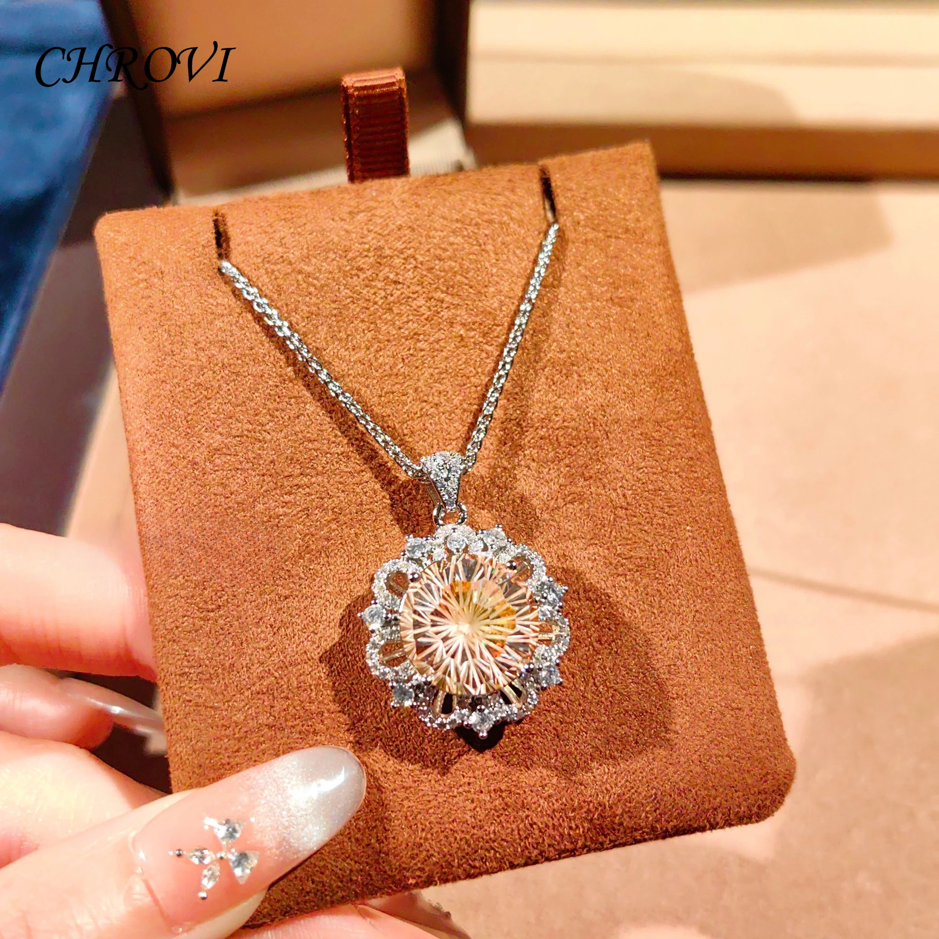 Luxuriöse 925 Sterling Silber Sonnenblumen-Feuerwerk-Schliff Halskette mit Edelstein-Schlüsselbeinkette für Damen Choker-Halskette – Detail 2