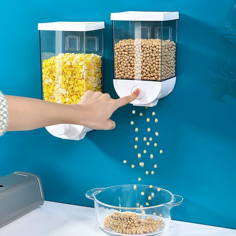 Wall Mounted Separate Rice Bucket Kitchen Cereal Dispenser Transparent Grain Jar Food Storage Box Container Sealed Tanks