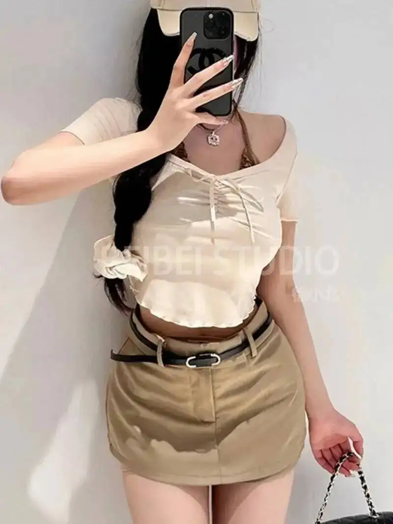 الحليب الحلوى الحلو وهمية اثنين الرغبة النقية نمط قصيرة الأكمام تصميم تحسس قصيرة الرقبة معلقة المرأة التي شيرت تيز موضة 41D7 #6