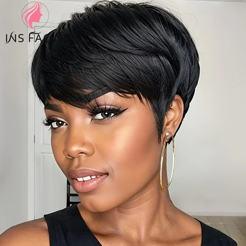 

INS FACIN Short Bob Wigs None Lace Front Brazilian Remy Human Hair Wigs with Bangs Kinky Curly Wigs for Women 180% Density