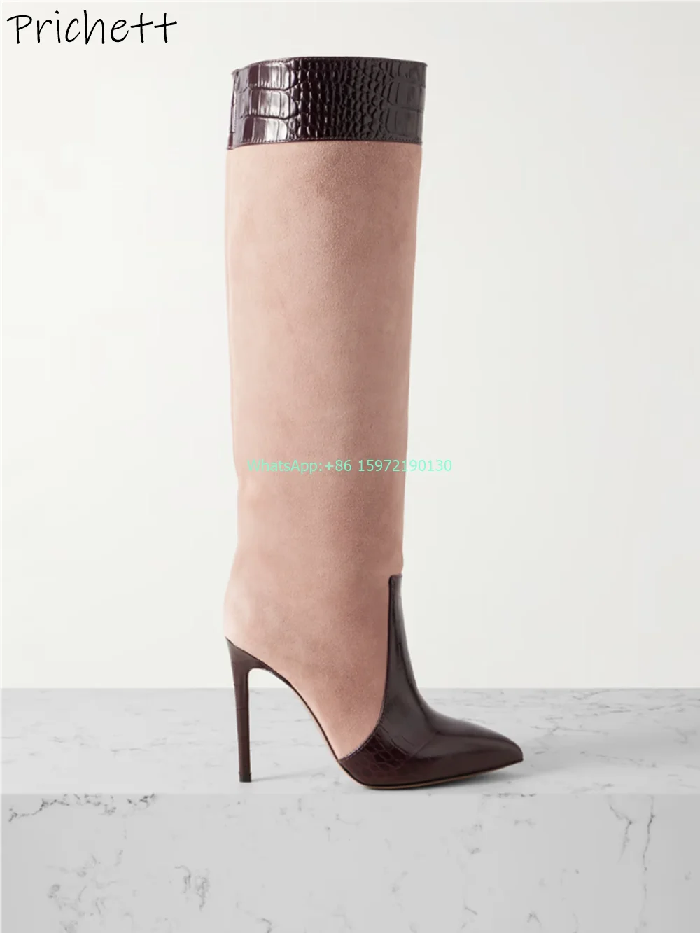 Leather-Trimmed Suede Knee-High Boots Pointy Toe Thin Heels Slip On Mixed Color Boots Crocodile Pattern Women's Luxury Boots