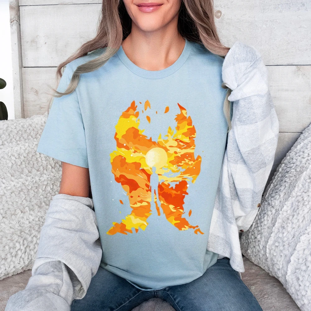 

Y2K Cotton Casual Women's T - Shirt, Short Sleeve Round Neck Fitted, Colorful Cute Cartoon of Silhouette in Fiery Sunset Design