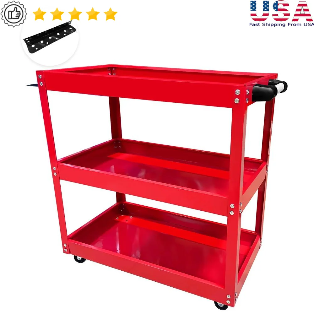 3 Tier Rolling Tool Cart 330LBS Metal Utility Cart with Wheels & Ergonomic Handle Heavy Duty Steel Rolling Cart Tools Parts &