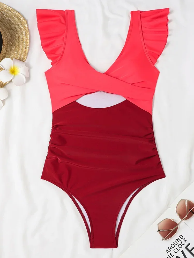 UETEEY 2025 New Summer Swimwear One Piece Swimsuit Sexy Contrast Color Ruffles One Piece Swimsuit Women Beach Vacation Bikinis