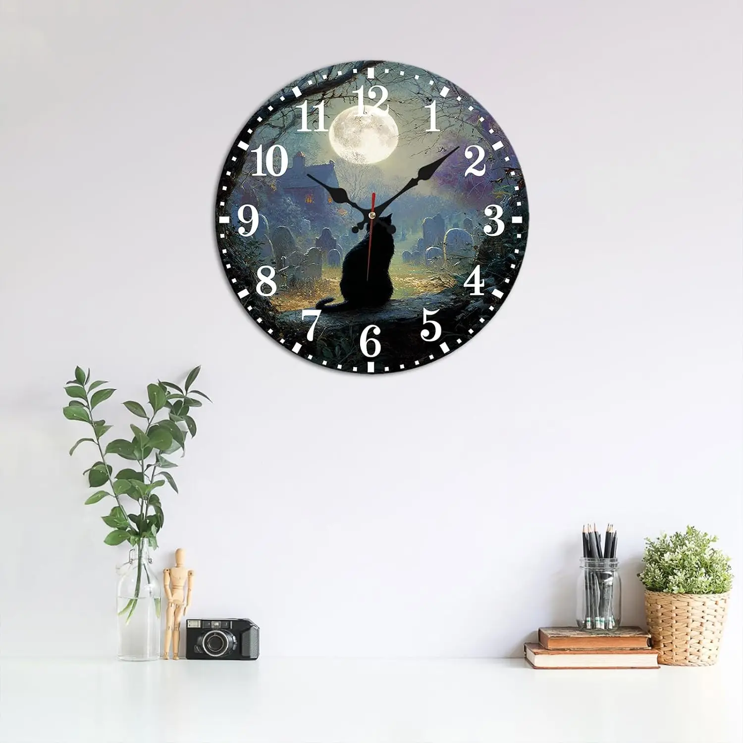 Black Cat Full Moon Wall Clock - 10 Inch Silent Non-Ticking Timepiece- Mystical Gothic Decorative Clocks for Living Room