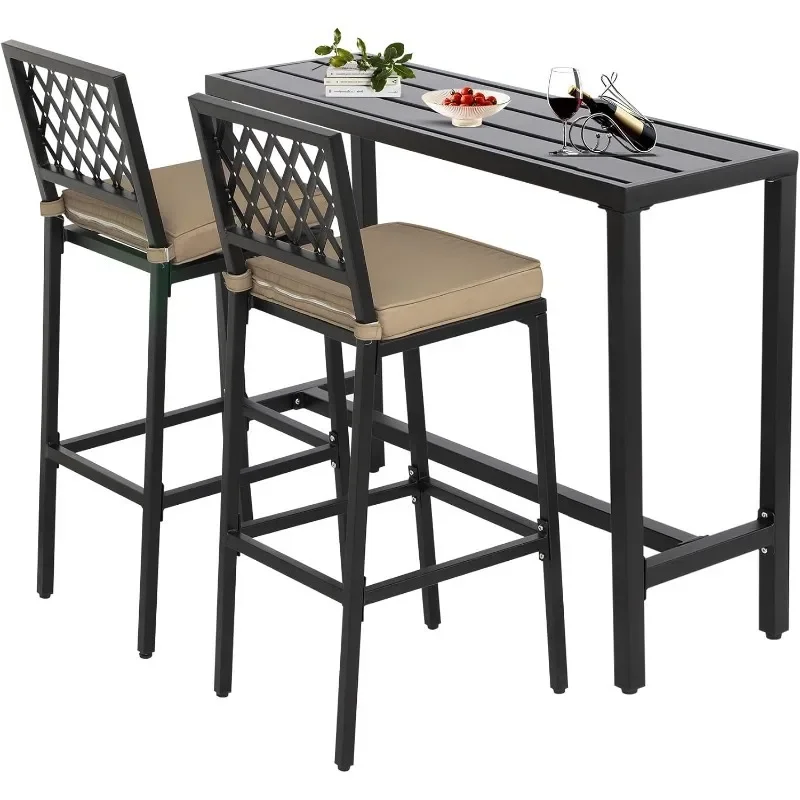 Outdoor Patio Bar Set, Dining Set, with Cushions & Slatted Tabletop for Backyard, Garden, Yard