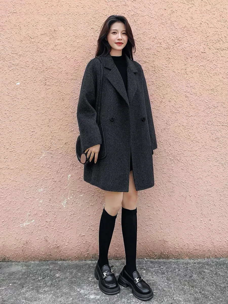 Women's Double Faced Cashmere Mid-Llength Coat Suit Collar, Loose Fit, Perfect Trench Winter.