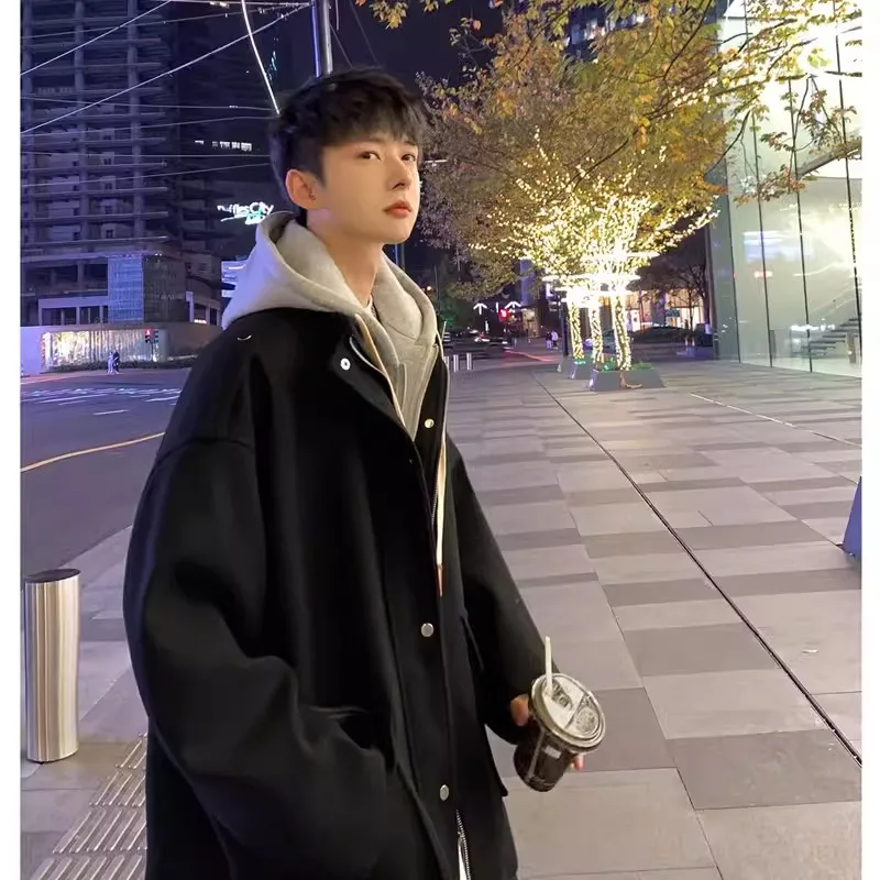 معطف صوفي دافئ بغطاء للرأس، طبقة مزدوجة من قماش البوليستر الداخلي، جاكيت شتوي للرجال، سميك بأكمام طويلة بلون واحد #3