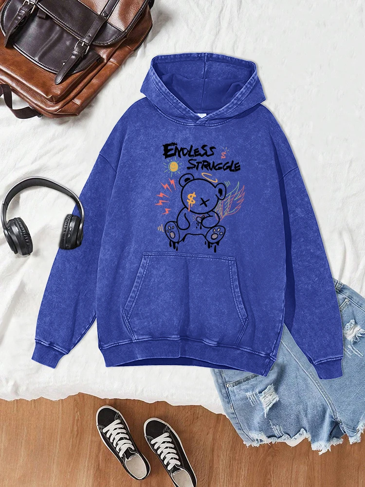 

Graffiti Winged Teddy Bear Printing Female Distressed Washed Hoodies Autumn Warm Cotton Clothing Women Loose Round Neck Hoody