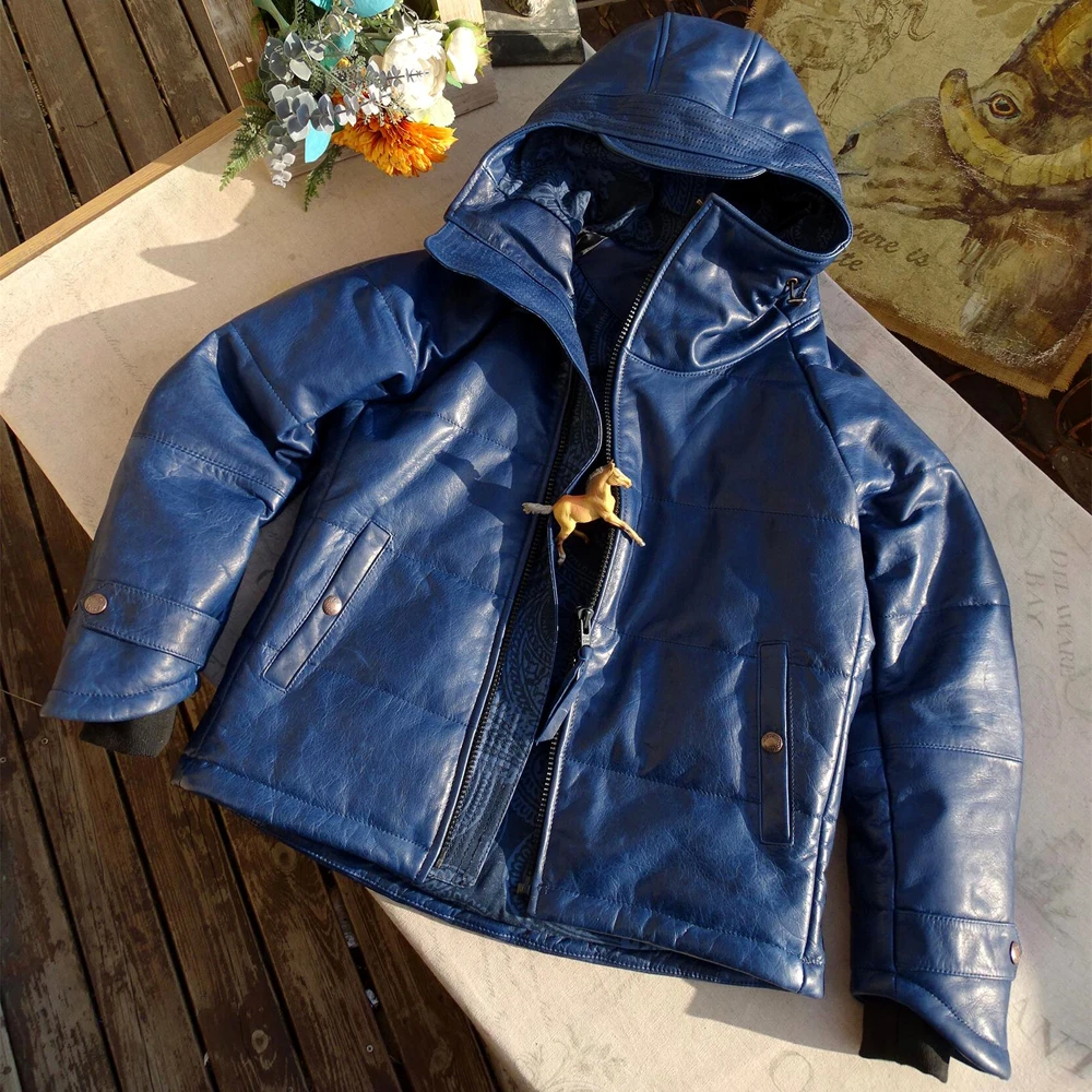 Japanese Brand JKT Horseskin Down Coat Winter Blue Color Hooded Ricken Leather Jacket Winter Cotton Padded Overcoats Large size