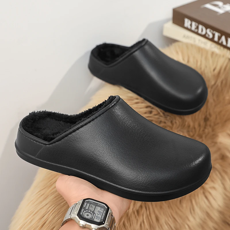 Winter EVA Men's Slippers Plush Warm Waterproof Oil-proof Men Chef Shoes Non-slip Kitchen Work Shoes Couple Home Soft Sole Shoes